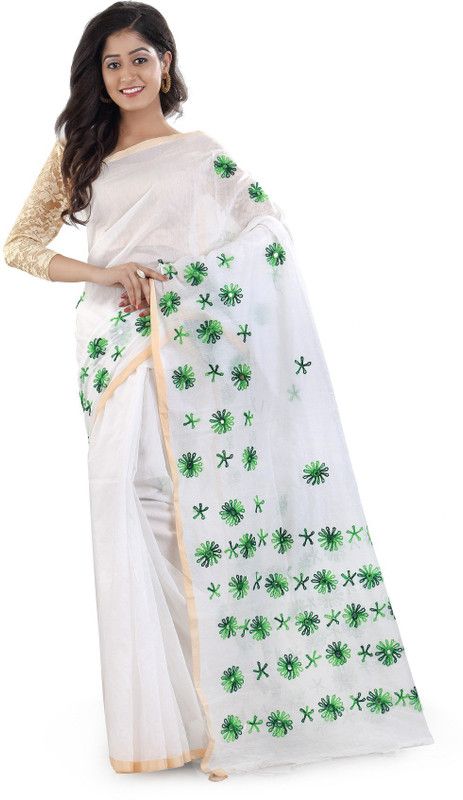 Embroidered Handloom Cotton Linen Saree  (White)