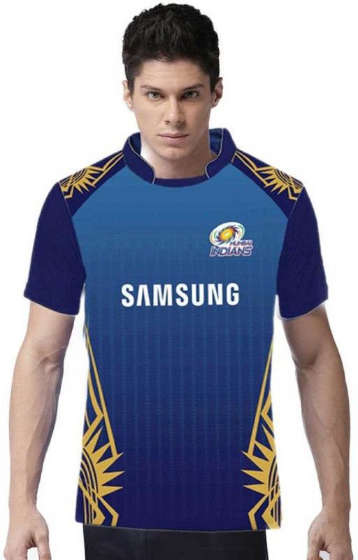 Men Printed Round Neck Polyester Dark Blue, Yellow T-Shirt