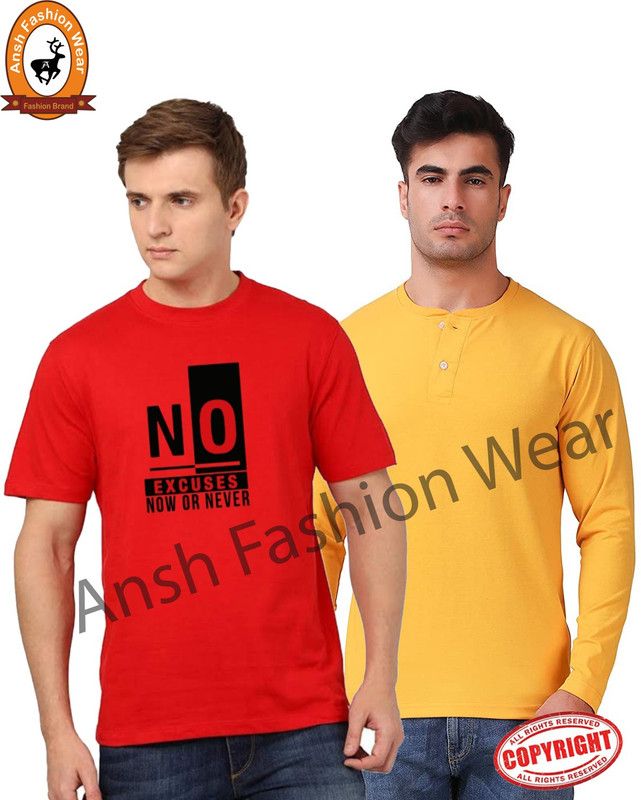 Pack of 2 Men Graphic Print Round Neck Cotton Blend Red, Yellow T-Shirt