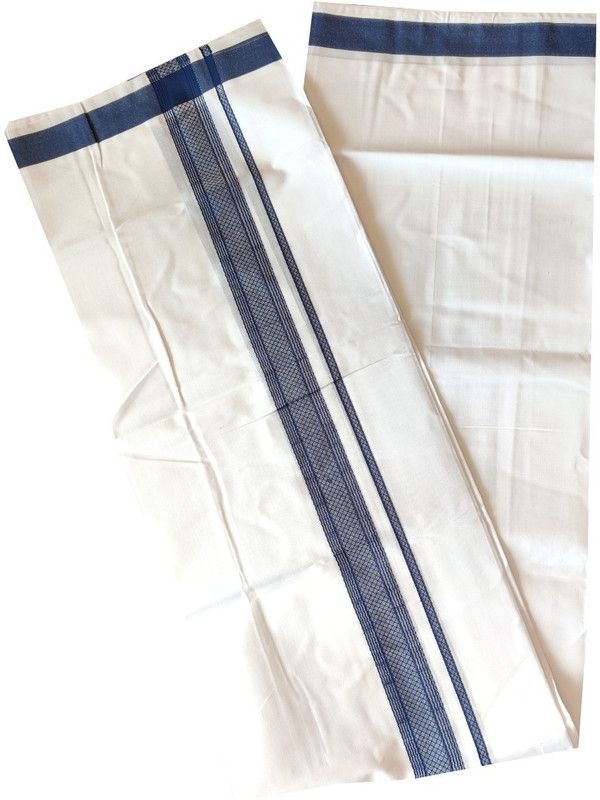 kaitharikada 100% Cotton Ultra Pure White Single Dhoti/Mundu- Navy Blue Kara Men Dhoti Men Dhoti