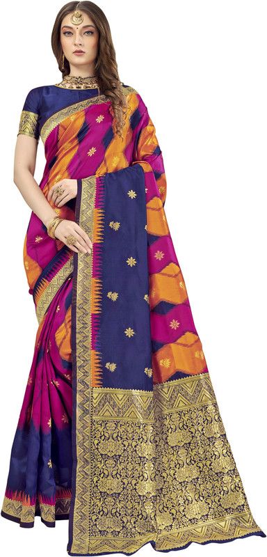 Woven Leheria Silk Blend, Jacquard Saree  (Dark Blue)