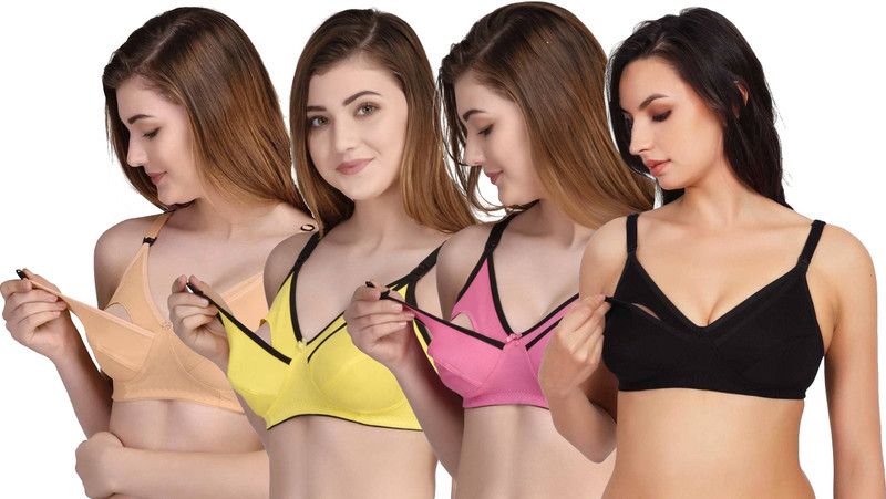 Pack of 4 Women Maternity/Nursing Non Padded Bra  (Pink, Yellow, Beige, Black)