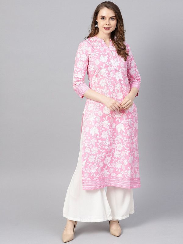 Women Self Design Silk Blend Straight Kurta  (White, Pink)
