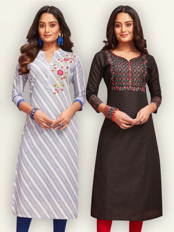 Pack of 2 Women Floral Print Pure Cotton Straight Kurta  (White, Black)