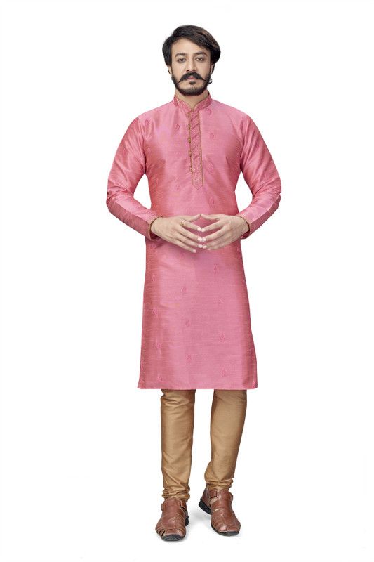 Men Woven Design Cotton Silk Straight Kurta  (Pink)