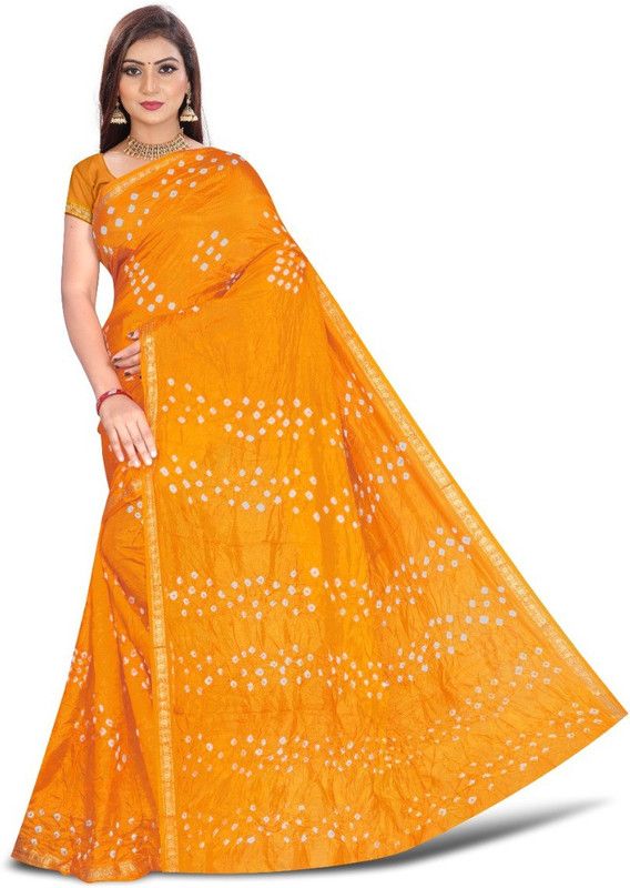 Dyed Bandhani Silk Blend Saree  (Yellow)