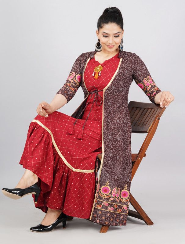 Pack of 2 Women Printed Viscose Rayon Ethnic Dress  (Brown, Red)