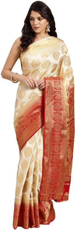 Embellished Kanjivaram Silk Blend Saree  (Beige)