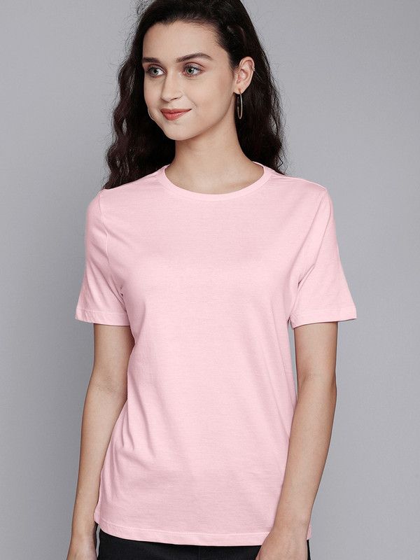 BY Free Authority Women Solid Round Neck Pure Cotton Pink T-Shirt