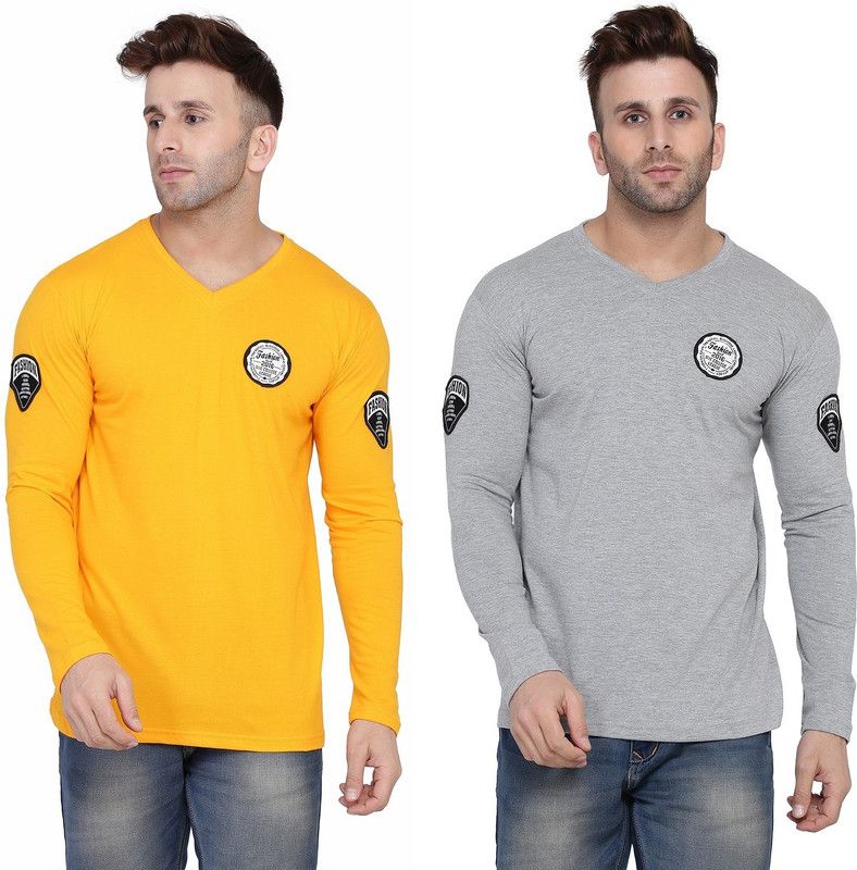 Pack of 2 Men Solid V Neck Cotton Blend Silver, Yellow T-Shirt