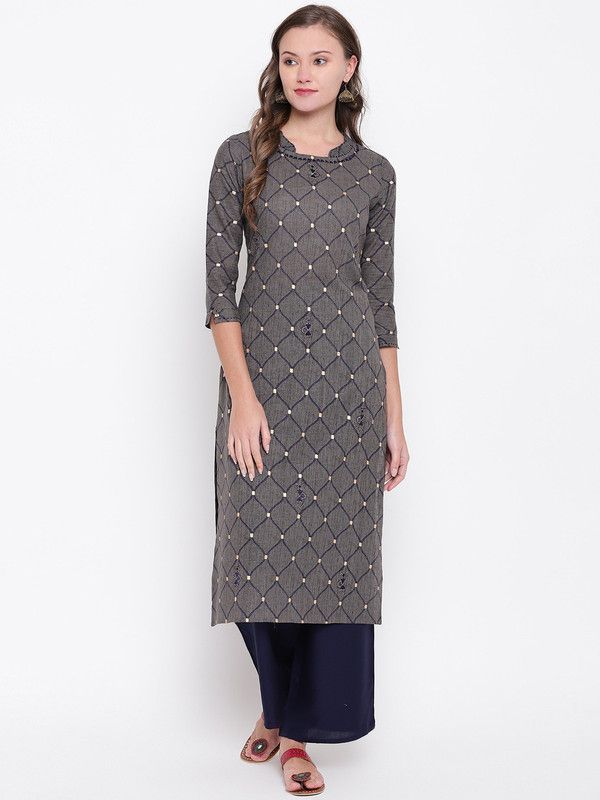 Women Solid Cotton Blend Straight Kurta  (Grey)