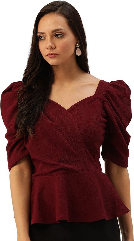 Casual Puff Sleeves Solid Women Maroon Top