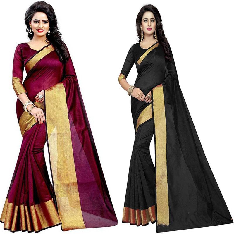 Solid/Plain Bollywood Cotton Blend Saree  (Pack of 2, Multicolor)