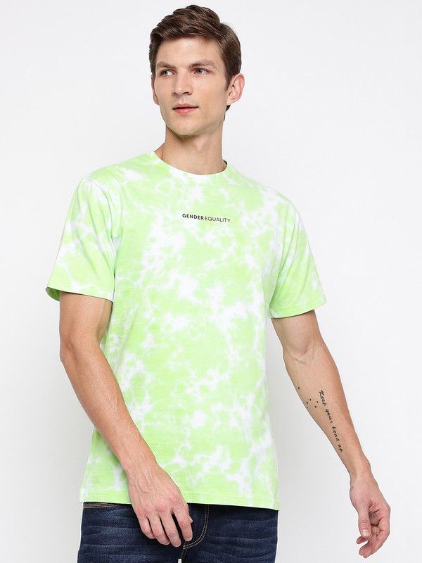 Men Tie & Dye Round Neck Pure Cotton Green T-Shirt