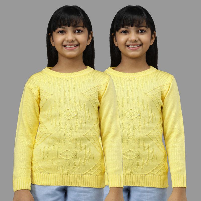 Girls Self Design Round Neck Yellow Sweater