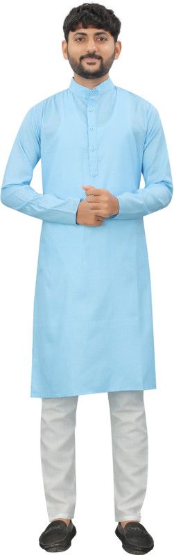 Men Solid Cotton Blend Straight Kurta  (Light Blue)