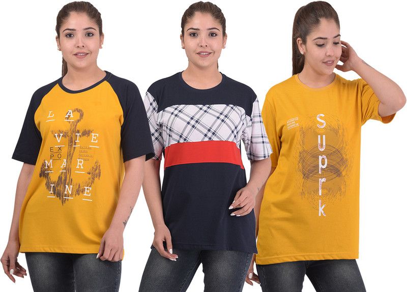 Pack of 3 Women Printed, Checkered Round Neck Cotton Blend Multicolor T-Shirt