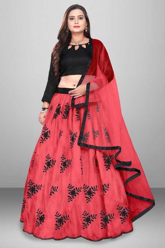 Embroidered Semi Stitched Lehenga Choli  (Red, Black)