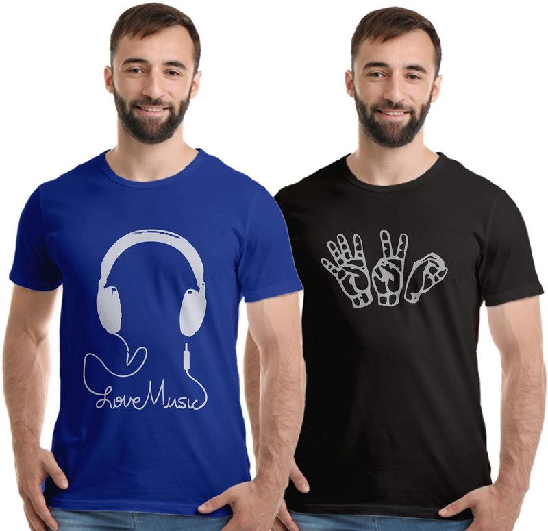 Pack of 2 Men Printed Round Neck Pure Cotton Blue, Black T-Shirt