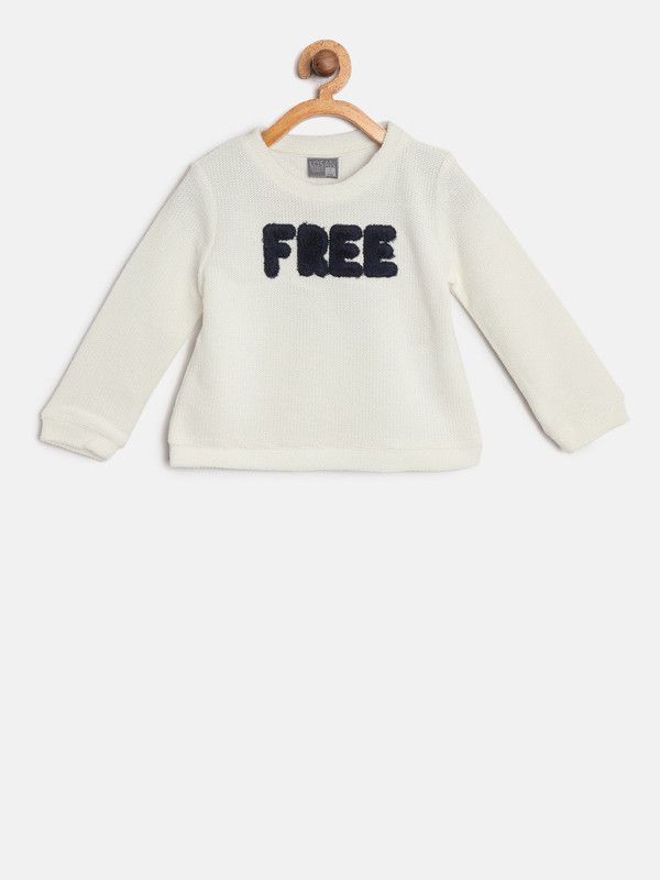 Girls Self Design Round Neck White Sweater