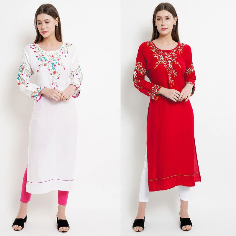 Pack of 2 Women Embroidered Cotton Rayon Straight Kurta  (White)