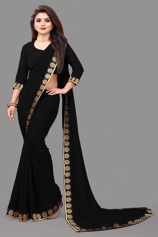 Solid Rajkot Georgette Saree  (Black)