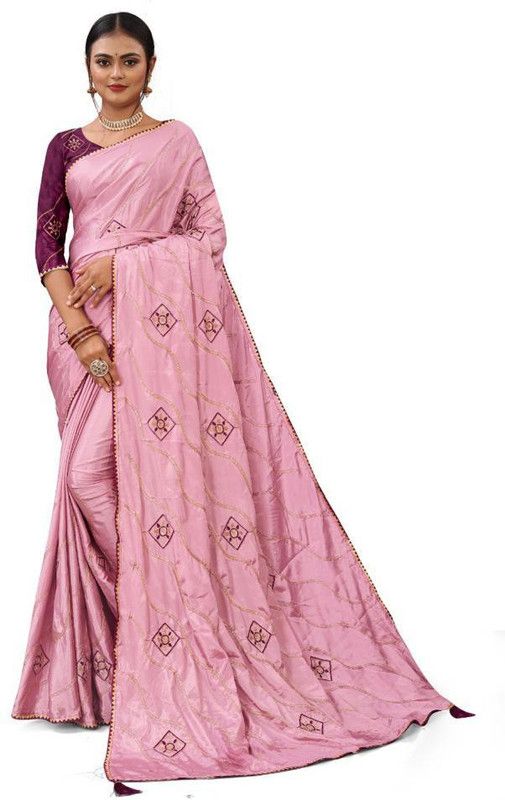 Embroidered Leheria Satin Saree  (Yellow)