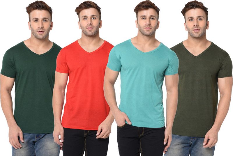 Pack of 4 Men Solid V Neck Cotton Blend Dark Green, Light Blue, Red T-Shirt