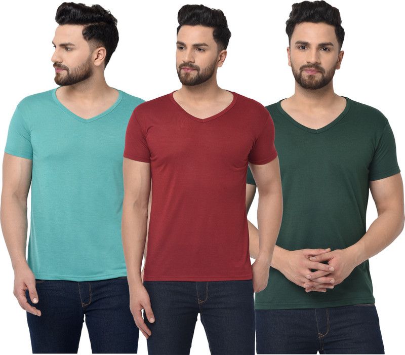 Pack of 3 Men Solid V Neck Cotton Blend Red, Green, Blue T-Shirt