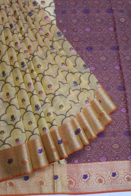 Woven, Checkered Kota Doria Cotton Linen, Cotton Silk Saree  (Gold)