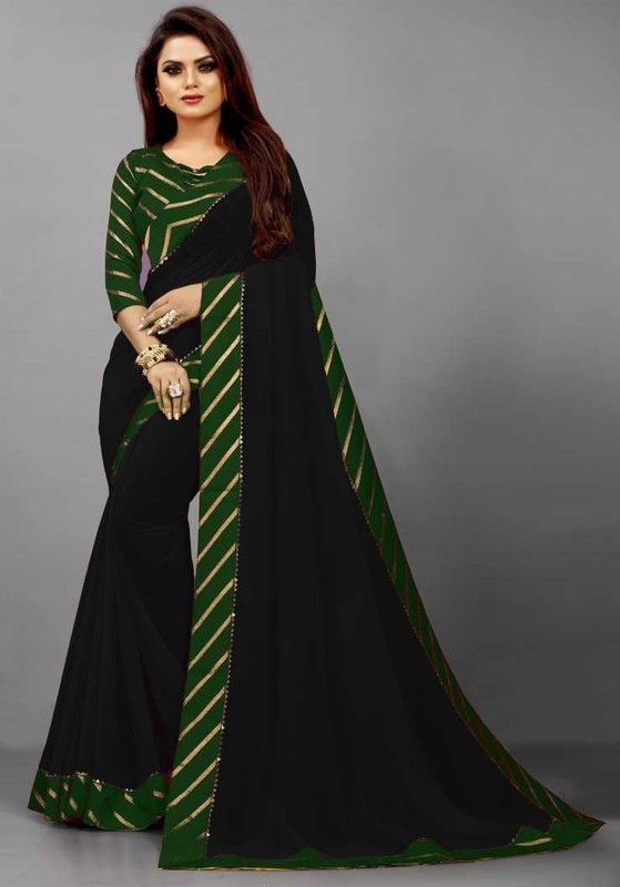 Solid Bollywood Art Silk Saree  (Green, Black)