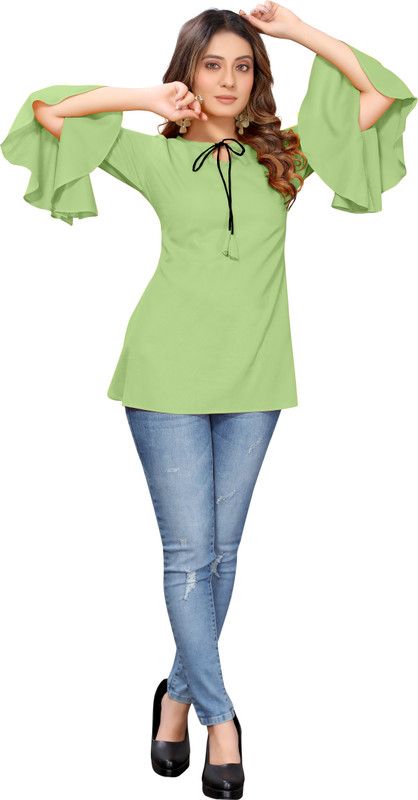 Casual Butterfly Sleeves Self Design Women Green Top