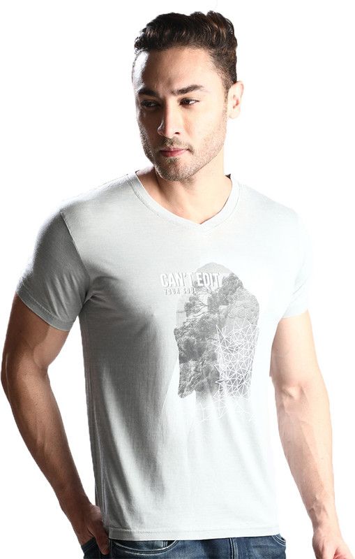 Men Printed V Neck Cotton Blend Beige T-Shirt
