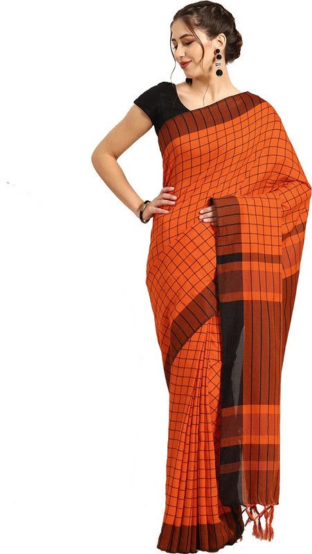 Checkered Handloom Cotton Silk Saree  (Orange)