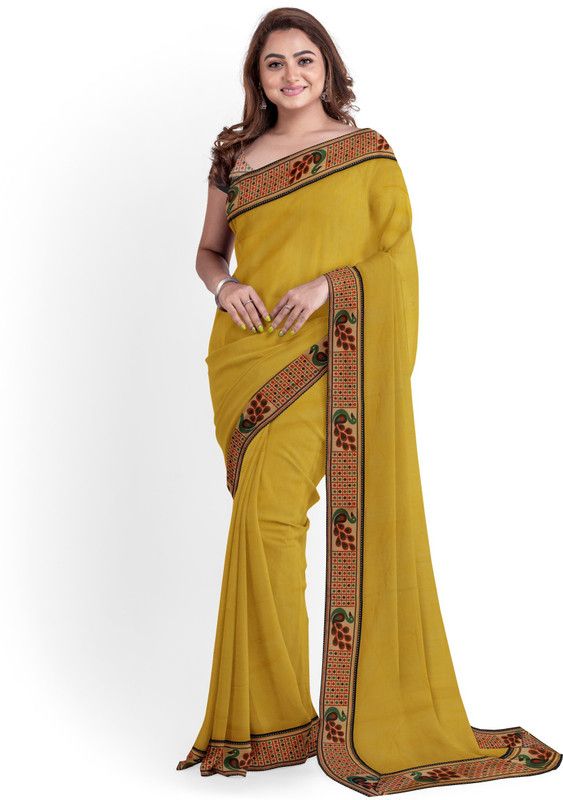 Printed Jamdani Pure Silk Saree  (Yellow)