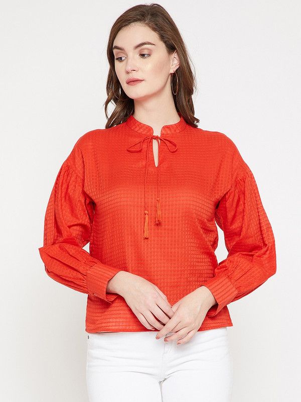 Casual Cuffed Sleeves Checkered Women Red Top