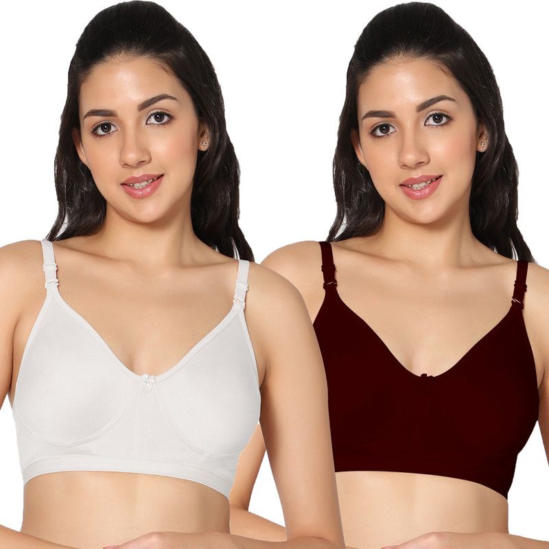 Women T-Shirt Non Padded Bra  (White, Maroon)