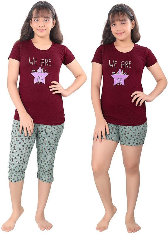 Girls Graphic Print Hosiery Kids Nightwear  (Maroon Pack of 1)
