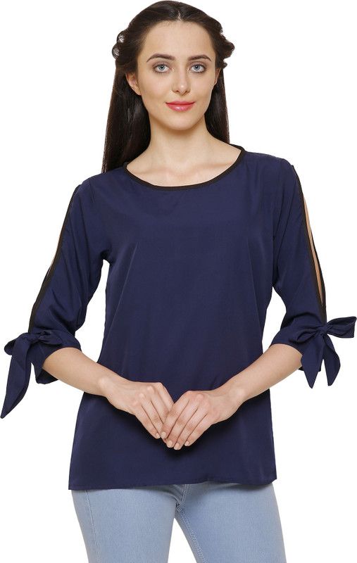 Casual Slit Sleeves Solid Women Blue Top