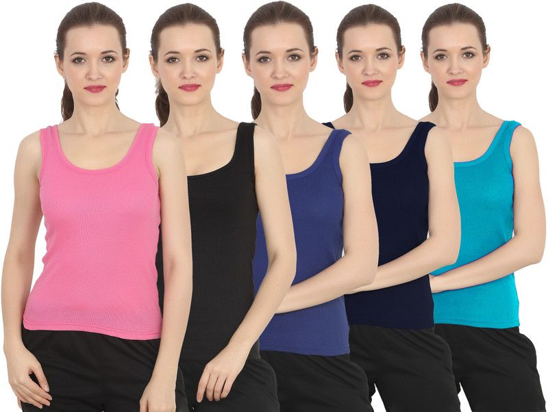 Pack of 5 Casual Sleeveless Solid Women Dark Blue, Dark Green, Blue, Pink, Black Top