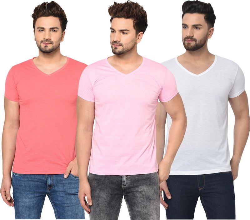 Pack of 3 V neck Combo T-shirts Multicolor Men Solid V Neck Cotton Blend White, Pink T-Shirt