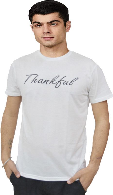Round Neck Printed Tshirt Men Typography Round Neck Cotton Blend White T-Shirt