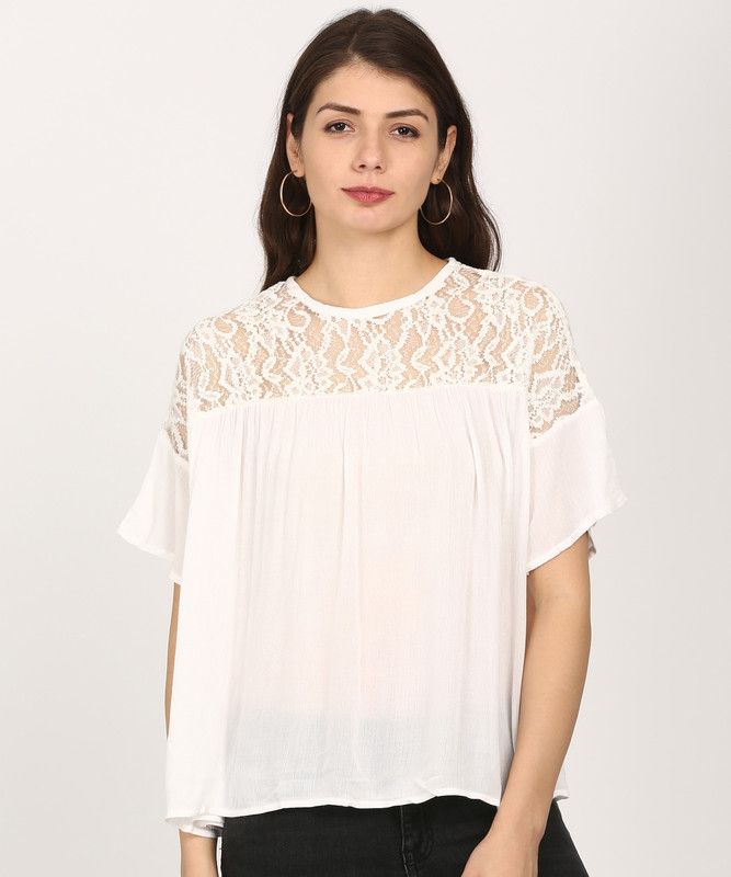 Casual Bell Sleeves Lace Women White Top