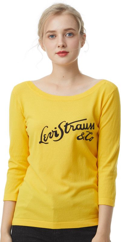 Women Printed Boat Neck Yellow Sweater