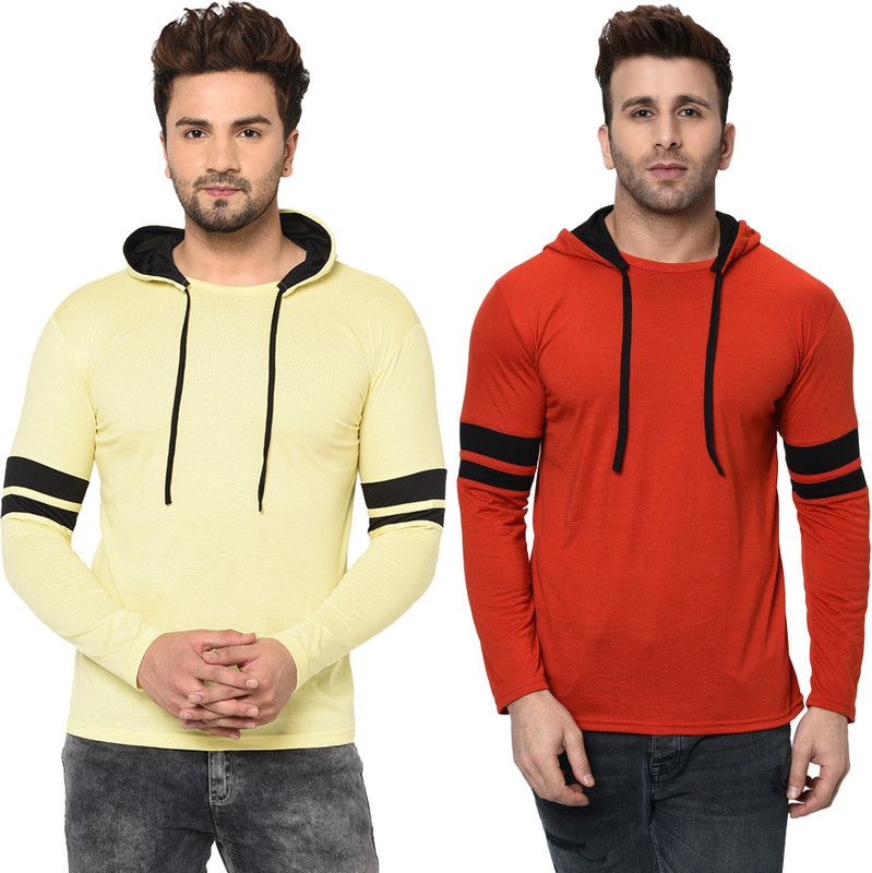 Pack of 2 Men Solid Hooded Neck Cotton Blend Red, Yellow T-Shirt