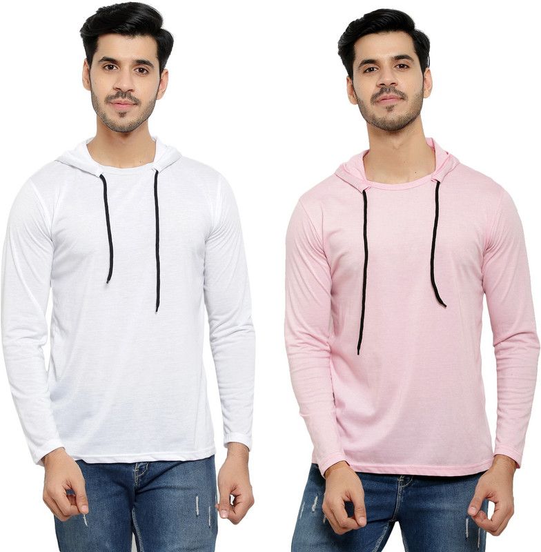 Pack of 2 HMT Men Solid Hooded Neck Cotton Blend White, Pink T-Shirt