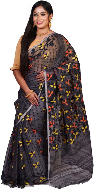 Embroidered Jamdani Cotton Silk Saree  (Multicolor, Black, Yellow)
