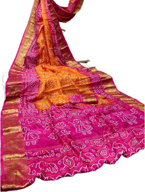 Hand Painted Bandhani Pure Silk Saree  (Gold)