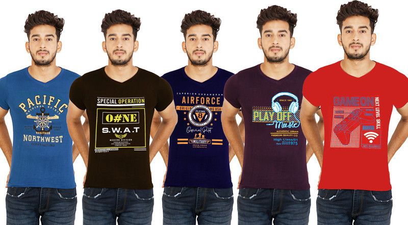 Pack of 5 Men Typography V Neck Pure Cotton Multicolor T-Shirt
