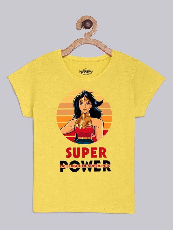 Girls Cartoon/Superhero Pure Cotton T Shirt  (Yellow, Pack of 1)